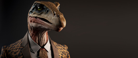 Velociraptor dressed in a formal business suit. anthropomorphic businessman. Generative AI
