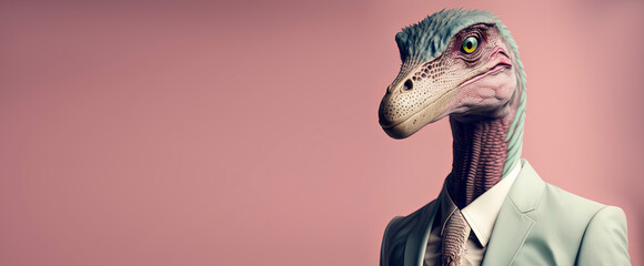 Velociraptor dressed in a formal business suit with a pastel background. anthropomorphic businessman. Generative AI