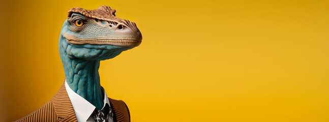 Velociraptor dressed in a formal business suit with a pastel background. anthropomorphic businessman. Generative AI