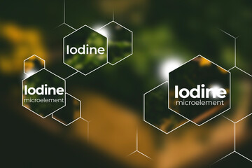 Immunity protection concept, Iodine. Hexagons with Na, Iodine icon, blurry green background.