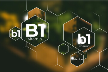 Molecular model of vitamin B1, Thiamine. Hexagons with Vitamin B1 name, blurry green background.