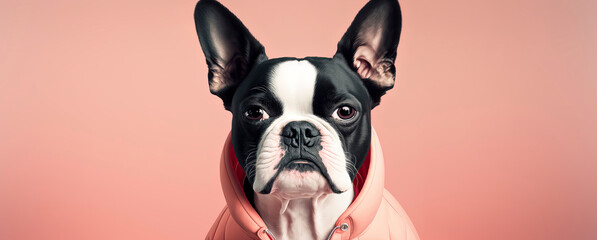 close up of a Buston Terrier dog with a pink pastel background. Dog fashion photo. Generative AI