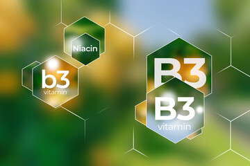 Molecular model of vitamin B3, Niacin. Hexagons with Vitamin B3 name, blurry green background.