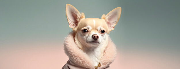 close up of a chihuahua dog with a Blue pastel background. Dog fashion photo. Generative AI