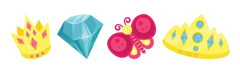 Princess Fairy Attributes with Diamond, Crown, Diadem and Butterfly Vector Set
