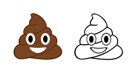 Happy poop design. Pin, patch, stamp, icon, sticker. Emoji. Vector illustration isolated on white background. - obrazy, fototapety, plakaty