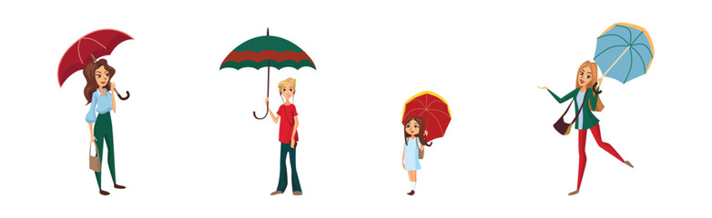 People with Umbrellas Walking in the Street Vector Set