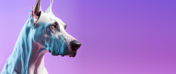 close up of a Great danes dog with a Purple pastel background. Dog fashion photo. Generative AI - obrazy, fototapety, plakaty