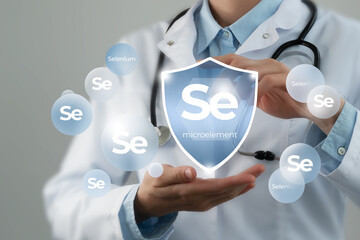 Microelement supplement concept. Shield in doctor`s hands with Selenium icon.