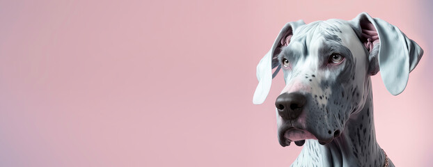 close up of a Great danes dog with a pink pastel background. Dog fashion photo. Generative AI - obrazy, fototapety, plakaty