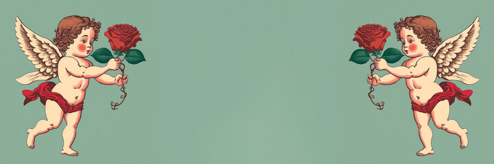 vintage valentines day cupid with rose, bow and arrow. Valentines Day cute character with bow and arrow. Trendy vintage style. Web banner. Generative AI