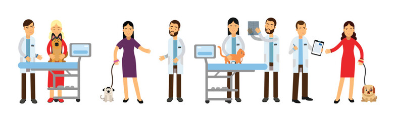 Young Man and Woman Bringing Their Pet for Vet Examination Vector Illustration Set