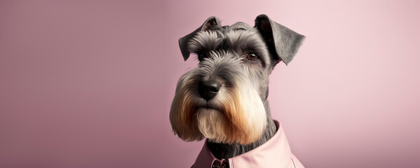 close up of a Miniature Schnauzer dog with a pink pastel background. Dog fashion photo. Generative AI