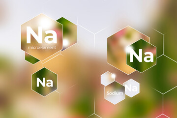 Immunity protection concept, Na, Sodium. Hexagons with Na, Sodium icon, blurry pink  background.