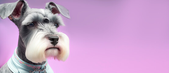 close up of a Miniature Schnauzer dog with a Purple pastel background. Dog fashion photo. Generative AI