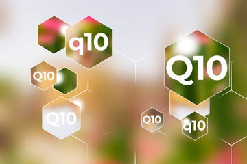  Microelement supplement concept, Q10. Hexagons with Q10 icon, blurry pink background.