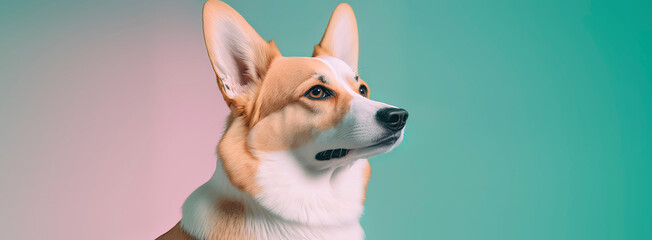 close up of a Corgi dog with a Blue pastel background. Dog fashion photo. Generative AI