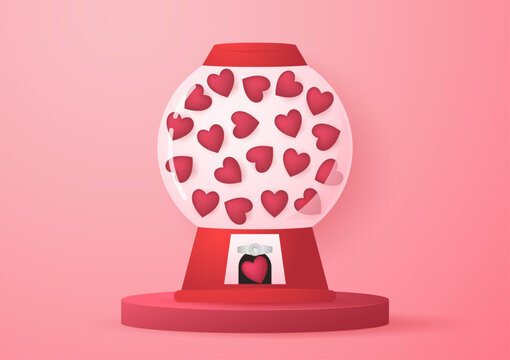 Heart in vending machine filled with red blue and white bubble gum hearts on pink background. illustration with transparent glass. Valentine's day.