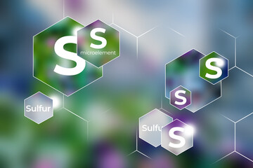 Microelement supplement concept, Sulfur. Hexagons with Sulfur icon, blurry lilac background.