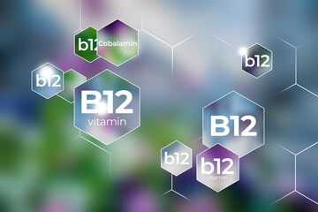 Molecular model of vitamin B12. Hexagons with Vitamin B12 name, blurry lilac background.