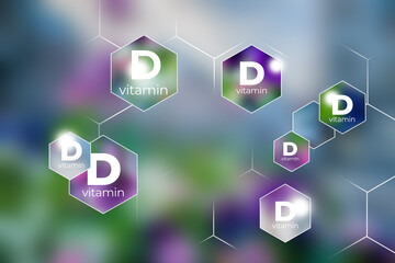  Immunity protection concept, vitamin D. Hexagons with Vitamin D name, blurry lilac background.