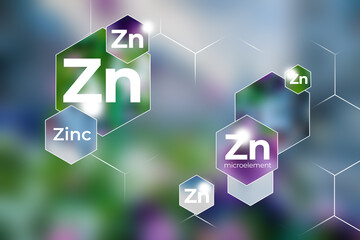 Microelement supplement concept, Zinc. Hexagons with Zinc icon, blurry lilac background.