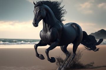 A savage black horse with white legs galloping on the landscape beach, art illustration 
