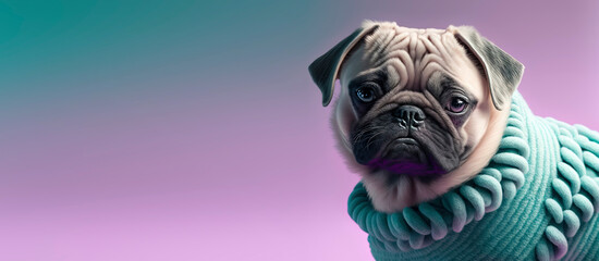 close up of a pug dog with a Purple pastel background. Dog fashion photo. Generative AI
