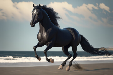 Fototapeta na wymiar A savage black horse with white legs galloping on the landscape beach, art illustration 