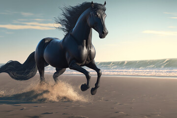 Obraz na płótnie Canvas A savage black horse with white legs galloping on the landscape beach, art illustration 