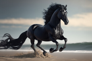 A savage black horse with white legs galloping on the landscape beach, art illustration 