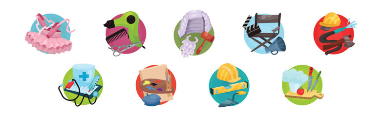 Symbols of Different Occupations Arranged in Circle Vector Set