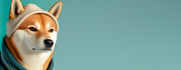 close up of a Shiba Inu dog with a Blue pastel background. Dog fashion photo. Generative AI