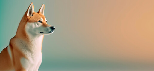 Fototapeta premium close up of a Shiba Inu dog with a blue and orange pastel background. Dog fashion photo. Generative AI