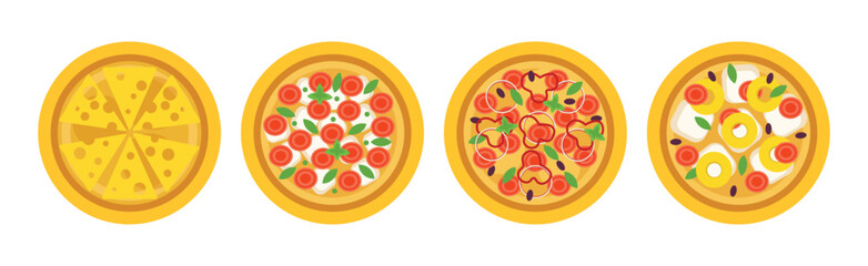 Pizza with Different Toppings Above View Vector Set