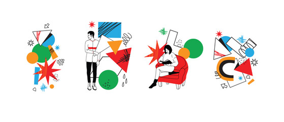 Outline characters, people in different poses and various geometric shapes and colorful abstract figures. Different mood, positions. Hand drawn vector illustration
