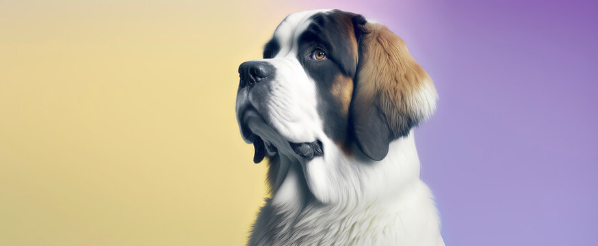 close up of a St Bernard dog with a yellow and purple pastel background. Dog fashion photo. Generative AI