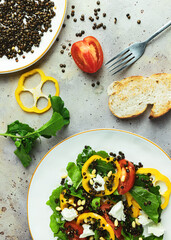 Fresh healthy vegetable salad with black lentil, cheese, yellow pepper, arugula and pine nuts on white plate on rustic gray table background. Top view. Close-up. Flat lay composition.