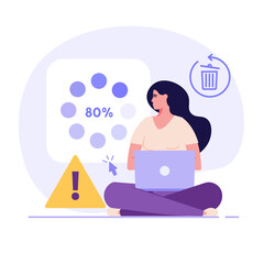 Woman repairing HDD. Restoration process. Data recovery, data storage backup, hardware disk repair service. Vector illustration in flat cartoon design