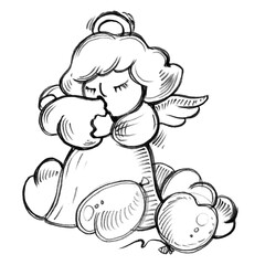 Angels, angels. Graphic black and white isolated drawing. Handmade work. Decoration for Valentine's day. Love, wedding. Print for children.Religion, character.