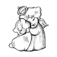 Angel, heart. Graphic black and white isolated drawing. Handmade work. Decoration for Valentine's Day. Love, wedding. Print for children.Religion, character.Angel, pet