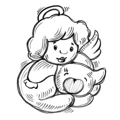 Obraz premium Angel, heart. Graphic black and white isolated drawing. Handmade work. Decoration for Valentine's Day. Love, wedding. Print for children.Religion, character.Angel, pet