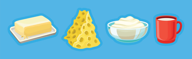 Different Dairy Product with Butter, Cheese and Milk in Mug on Blue Background Vector Illustration Set