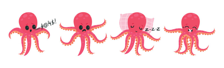 Pink Octopus with Tentacles Showing Different Emotions and Mood Vector Set