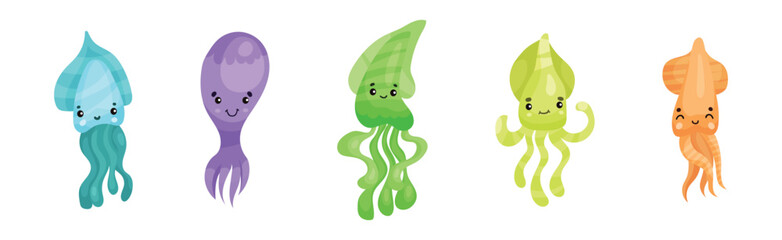 Adorable Jellyfish and Squid Characters Isolated on White Background Vector Set
