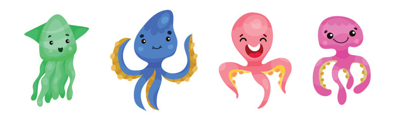 Adorable Jellyfish and Squid Characters Isolated on White Background Vector Set