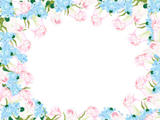 Fototapeta na wymiar カードに使える花のフレームシリーズピンクのバラと青い小花サークル