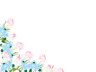 カードに使える花のフレームシリーズピンクのバラと青い小花左下角