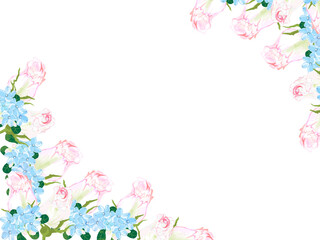 Obraz na płótnie Canvas カードに使える花のフレームシリーズピンクのバラと青い小花左下右上角