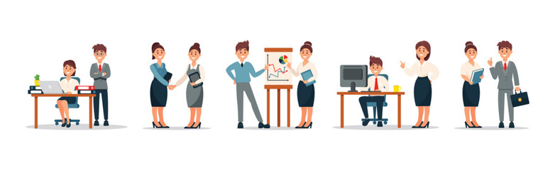 Obraz premium Man and Woman Office Worker and Employee Doing Daily Duty Vector Set
